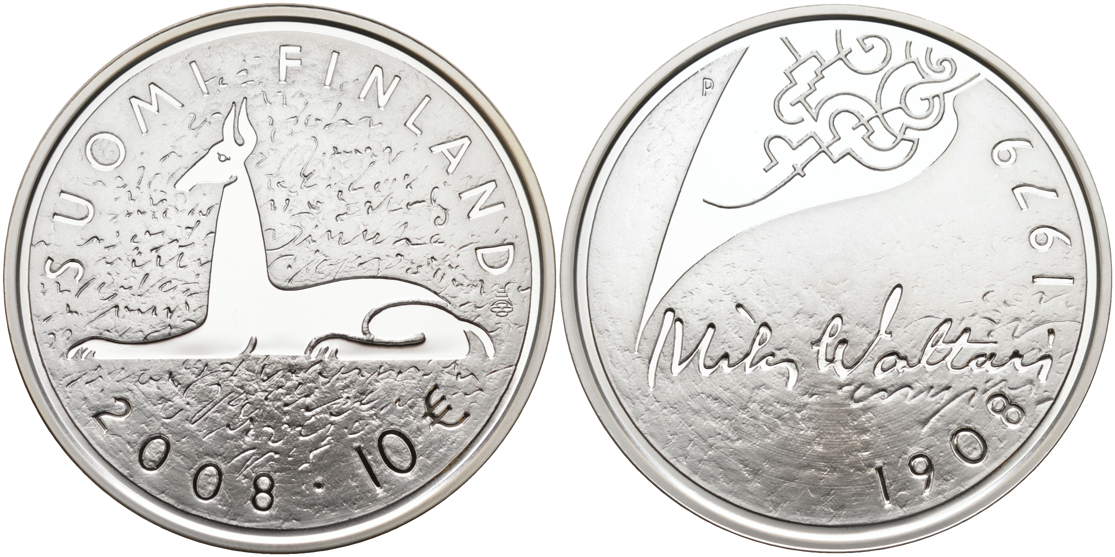 Финляндия 10 евро 2008 Мика Валтари, писатель KM 142 серебро  PROOF 11-114-32