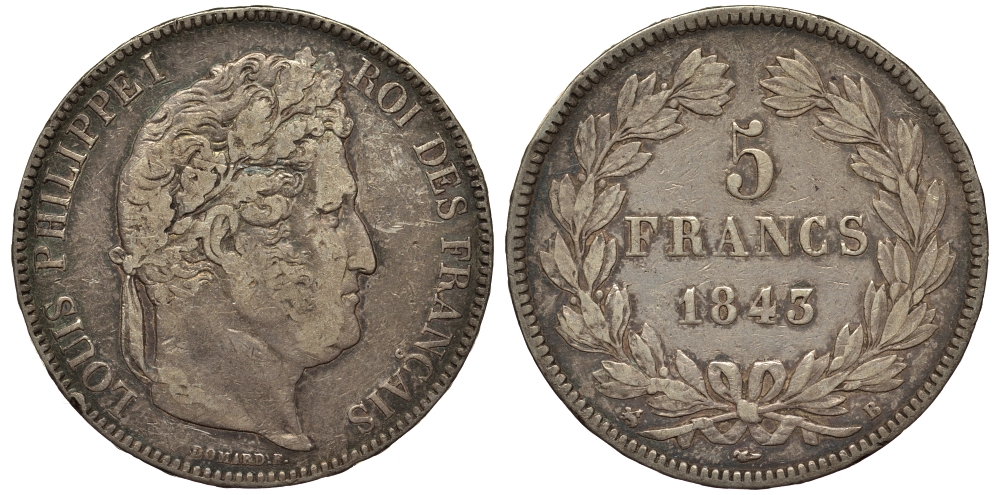 Франция 5 франков 1843 B, Луи Филипп I (1830-1848) KM 749.2 серебро 413-3335