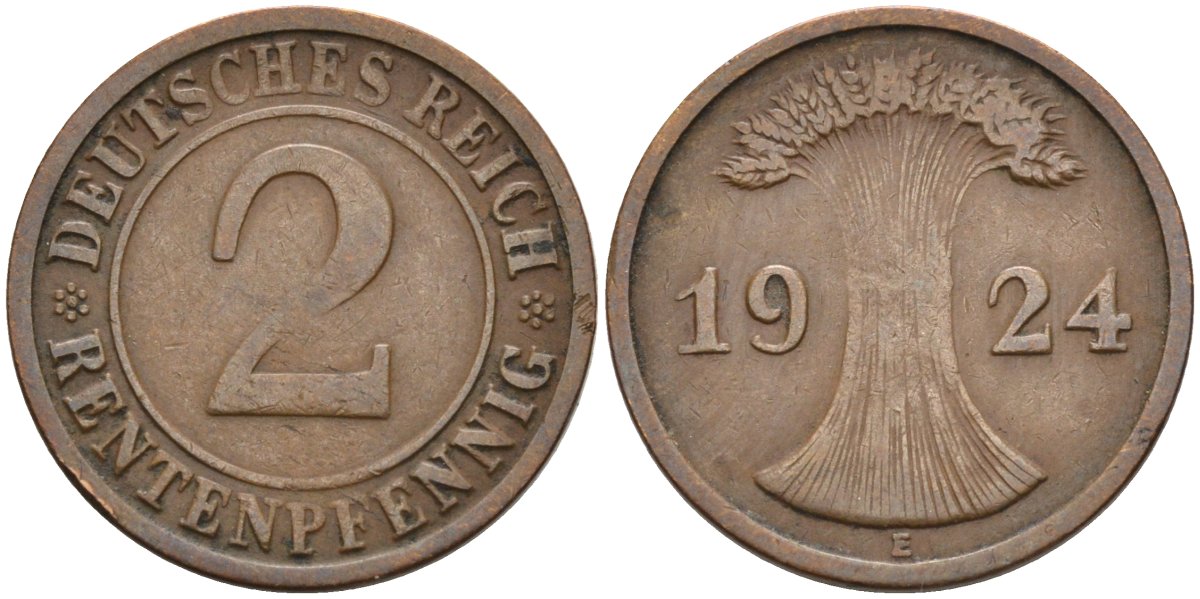 Германия 2 рентенпфеннига 1924 E, Веймарская республика KM 31 бронза 3955-1158