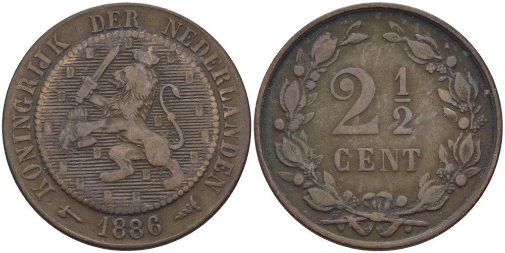 Нидерланды 2 1/2 цента 1886 Виллем III (1849-1890) KM 109 бронза 73-1011