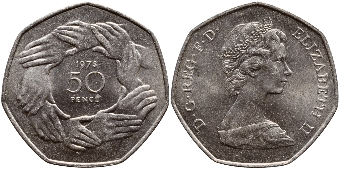Великобритания 50 пенсов 1973 Елизавета II (1952-2022), вступление в Европейское экономическое сообщество KM 918, Spink 4224 медно-никель UNC 51-4143