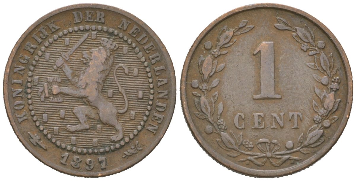 Нидерланды 1 цент 1897 Вильгельмина (1890-1948) KM 107 бронза 4154-563
