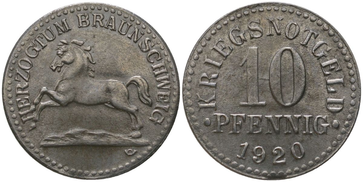 Брауншвейг 10 пфенингов 1920 Funck 56.5, Men05 3454.11, Men18 4388.11 железо 4175-212