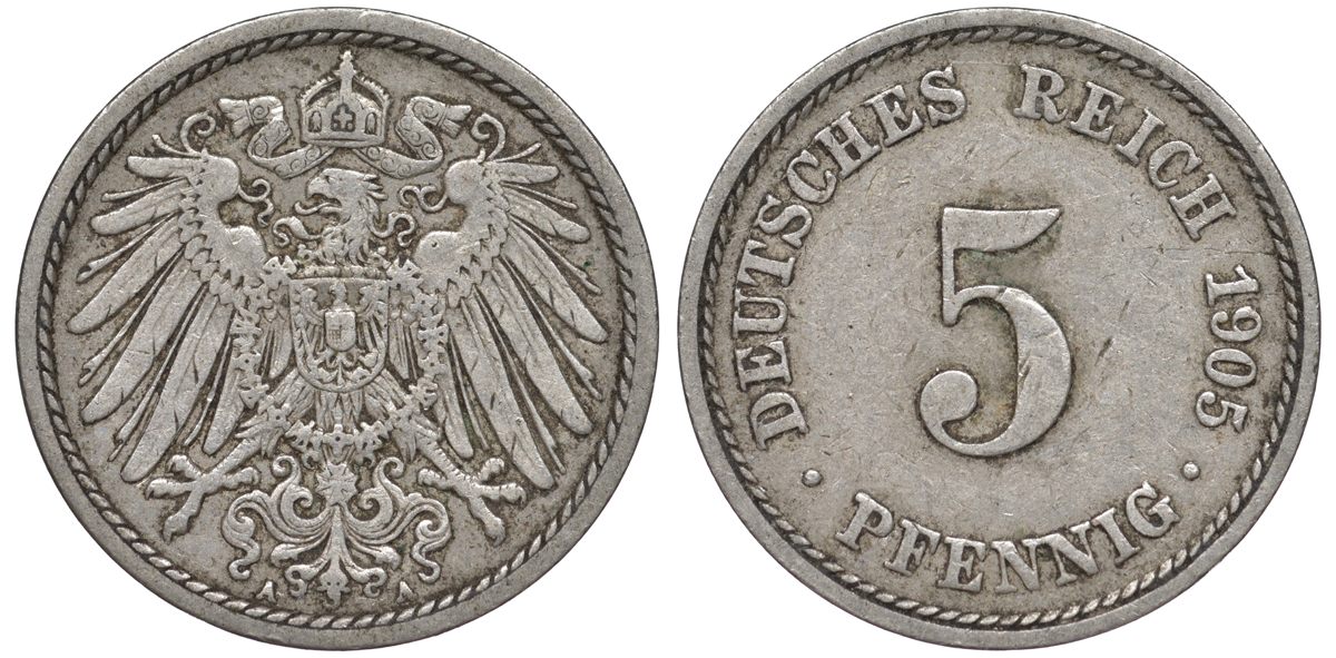 ГЕРМАНИЯ 5 ПФЕННИГОВ 1905 A, KM 11, J.12 медно-никель 45-1123
