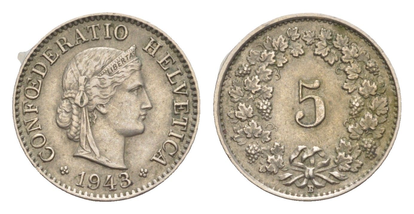 Швейцария 5 раппенов 1943 B KM 26 медно-никель 4643-331