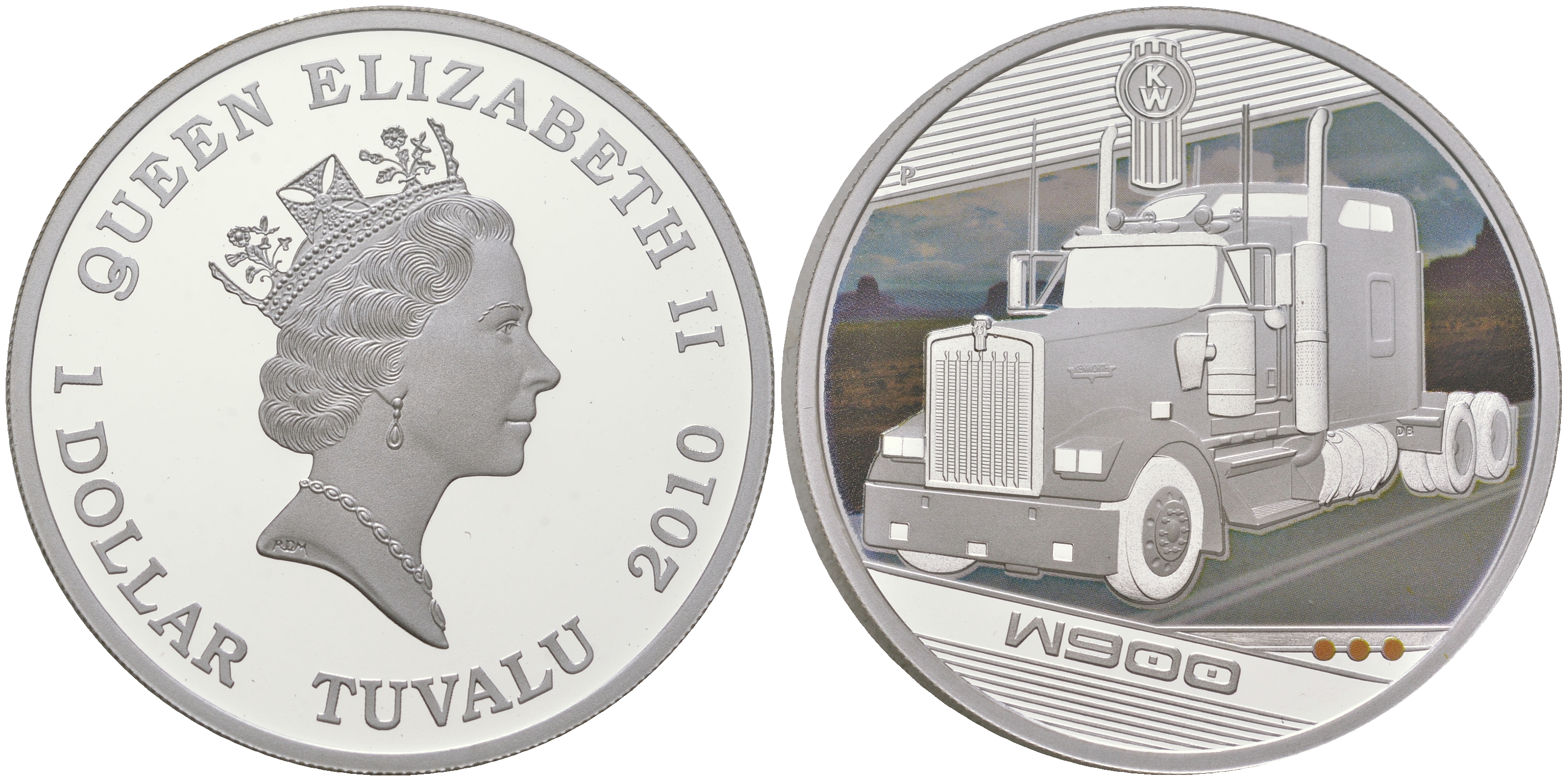 Тувалу 1 доллар 2010 серия грузовые автомобили, короли дорог, Kenworth W900, цветная термопечать KM 139 серебро  PROOF  1091-5-33