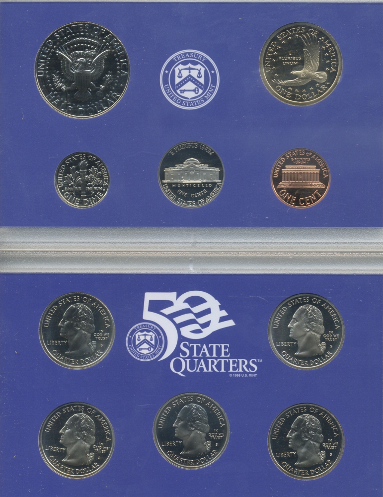 США 2 официальных набора в одном 2001 S, два пруфсета в пластиковых коробках, регулярный чекан и 5 квотеров штаты, в оригинальной коробке с сертификатом PROOF 00-00
