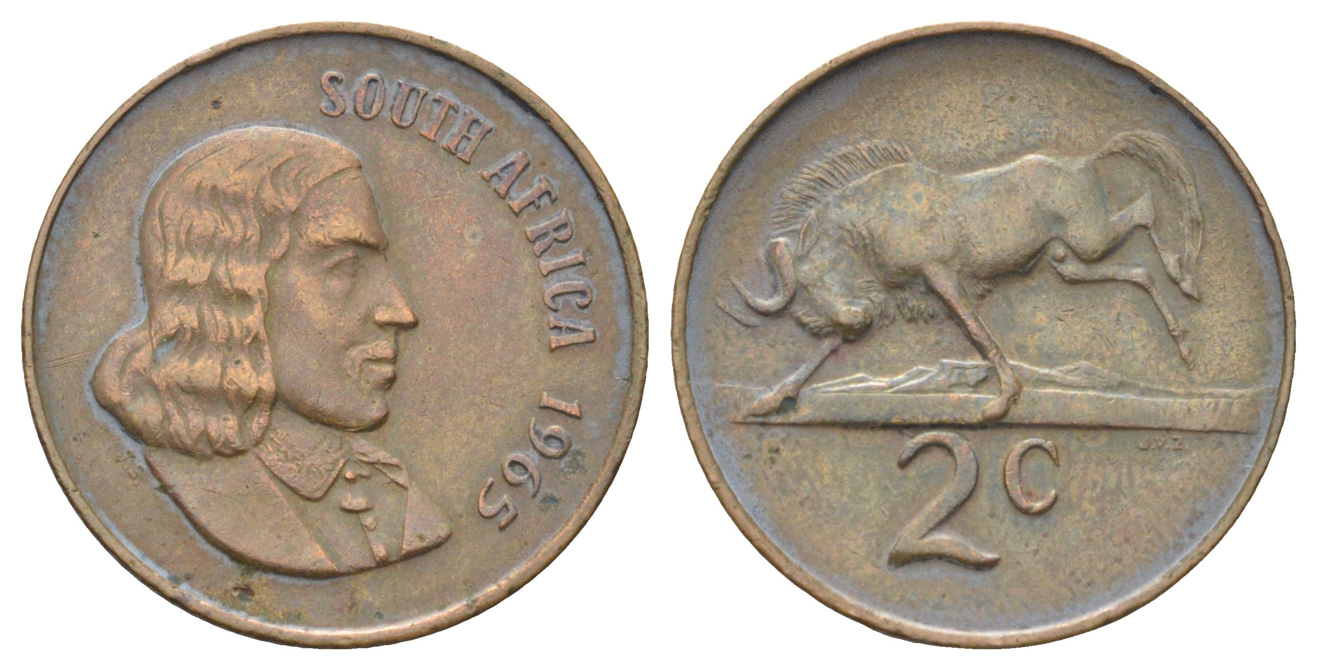 ЮАР 2 цента 1965 Ян ван Рибек (1619-1677), South Africa, легенда на английском, антилопа KM 66.1 бронза 4700-914