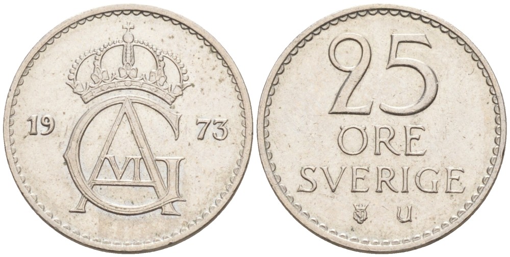 Швеция 25 эре 1973 U, Густав VI Адольф (1950-1973) KM 836 медно-никель 73-1541