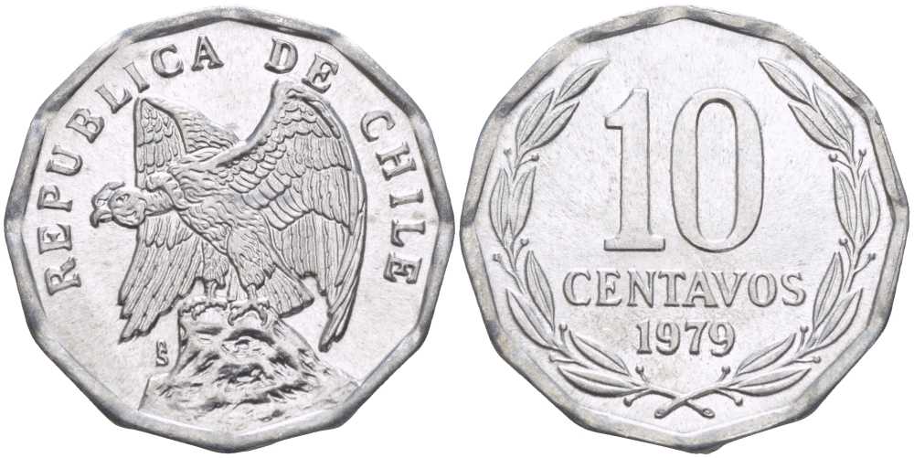 Чили 10 сентаво 1979 KM 205a алюминий 4402-451