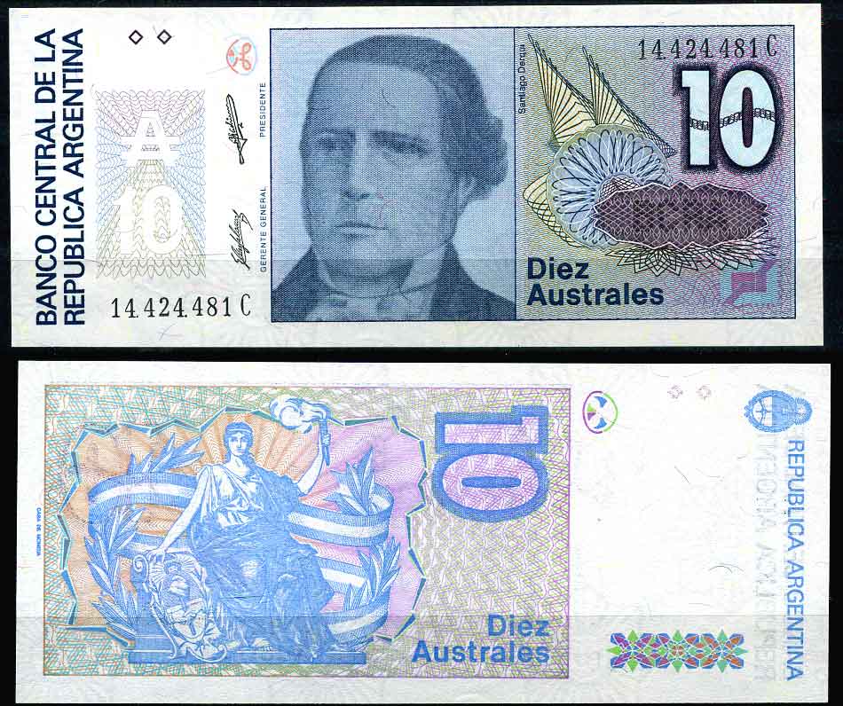 Аргентина 10 аустралей 1986 серия С 14556, Сантьяго Дерки, Президент Аргентины Pick 325 b бумага UNC (пресс)   447-4-1