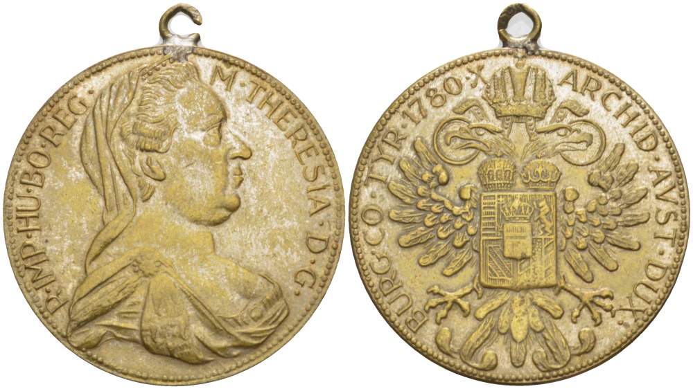 АВСТРИЯ МЕДАЛЬ 1780 МАРИЯ ТЕРЕЗА ИМПЕРАТРИЦА СВЯЩЕННОЙ РИМСКОЙ ИМПЕРИИ, С УШКОМ ДЛЯ НОШЕНИЯ, ДИАМЕТР 32 ММ. жёлтый металл 4527-715