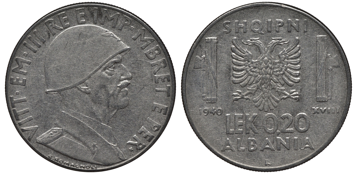 Албания 0,20 лека 1940 R, Итальянская оккупация KM 29 нержавеющая сталь UNC 441-221