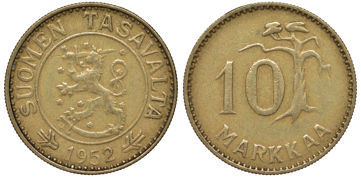 Финляндия 10 марок 1952 H, первый год чекана KM 38 алюминиевая бронза 4164-437