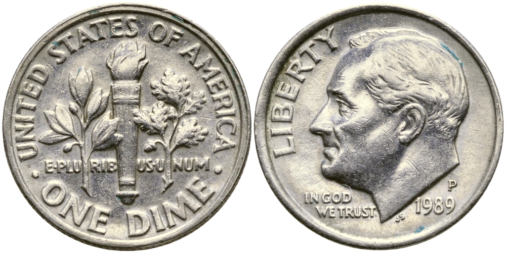 США 10 ЦЕНТОВ = 1 ДАЙМ 1989 P, РУЗВЕЛЬТ KM 195а медь плакированная медно-никелем 46-2416