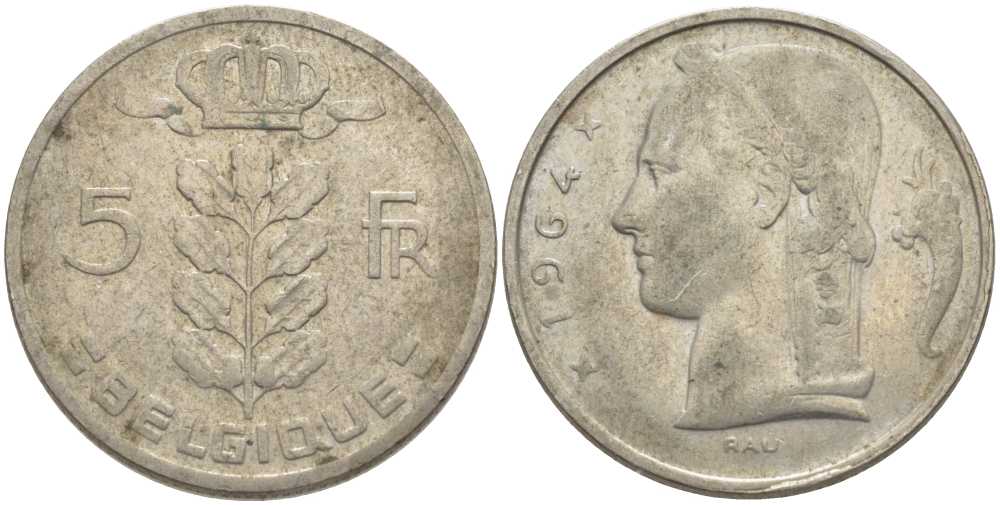 БЕЛЬГИЯ 5 ФРАНКОВ 1964 BELGIQUE, БОДУЭН I (1951-1993) KM 134.1 медно-никель 119-717