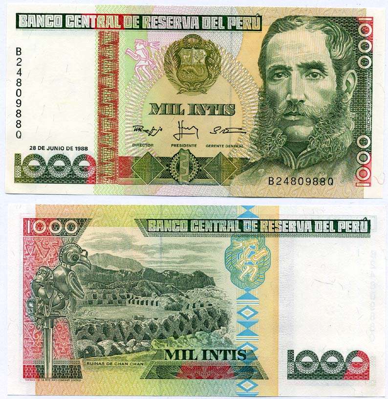 Перу 1000 инти 1988 Андрес Авелино Касерес, руины Чан-Чан Pick 136 b бумага UNC (пресс) 6262-8-1-1