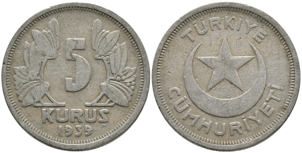 ТУРЦИЯ 5 КУРУШЕЙ 1939 KM 862 медно-никель 4541-246