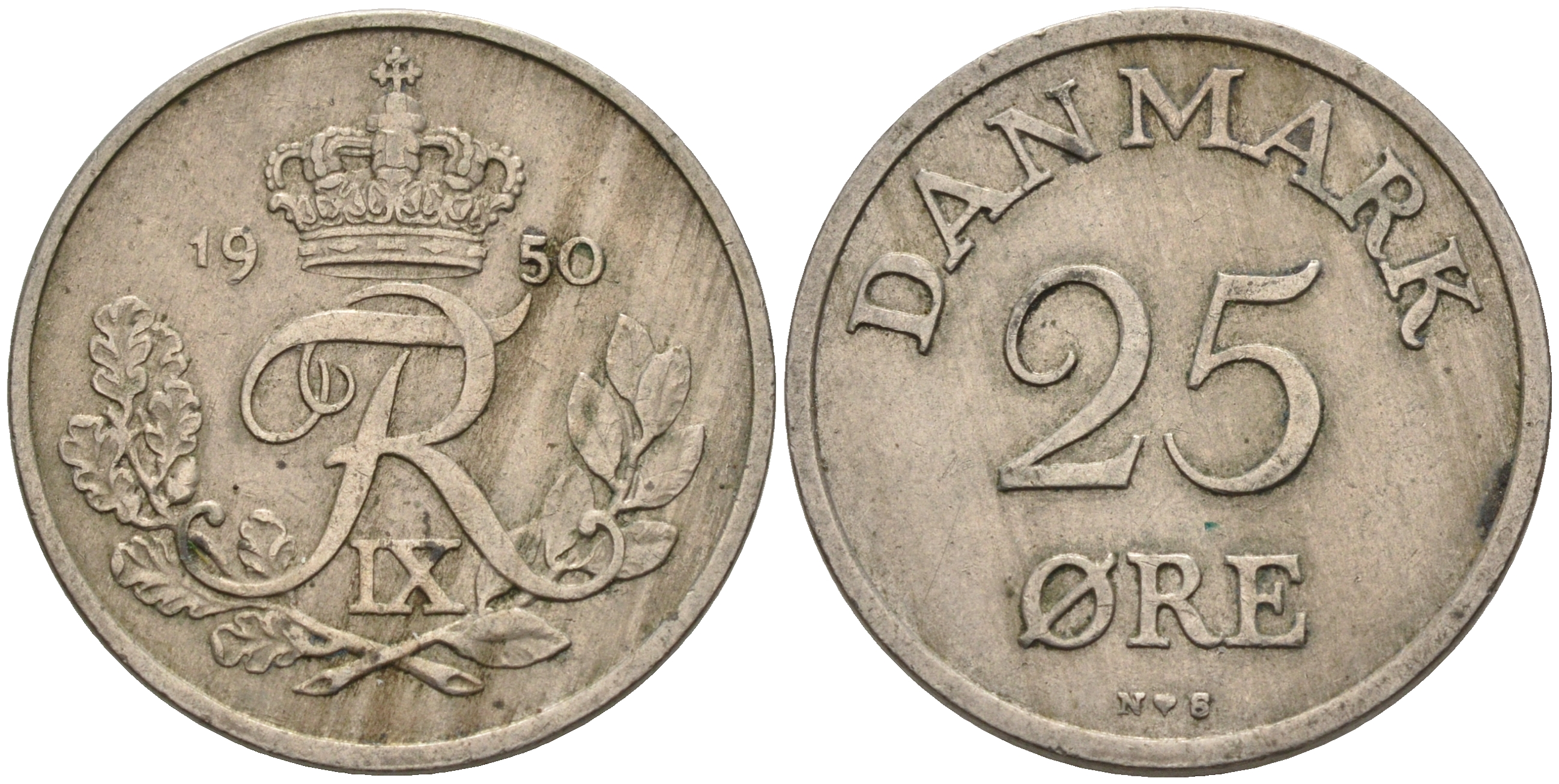 Дания 25 эре 1950 N,S, Фредерик IX (1947-1972) KM 842.1 медно-никель 4566-523
