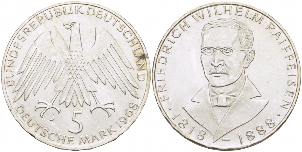 ФРГ 5 марок 1968 J, 150 лет со дня рождения Фридриха Вильгельма Райффайзена J. 396, KM 121 серебро UNC 3457-326
