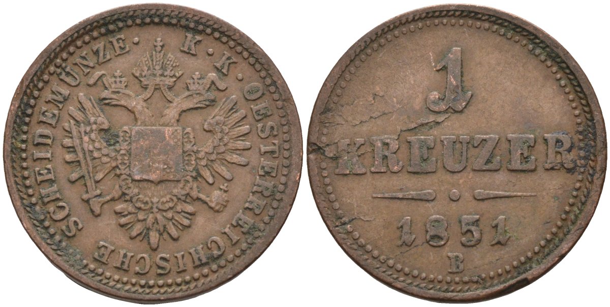 Австрия 1 крейцер 1851 B, Франц Иосиф I (1848-1916) KM 2185 медь 4586-446
