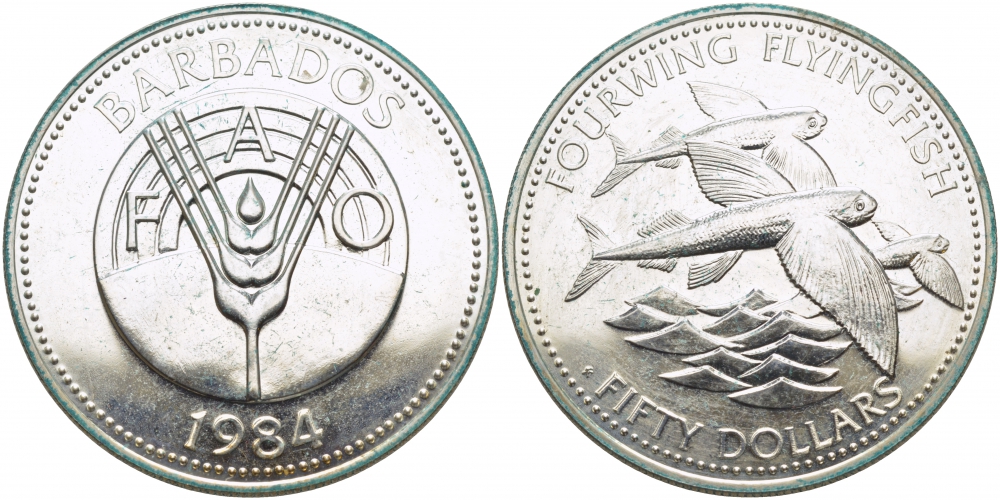 Барбадос 50 долларов 1984 FAO, крылатые рыбы, тираж 3600 экземпляров KM 42 серебро UNC 01-166-45