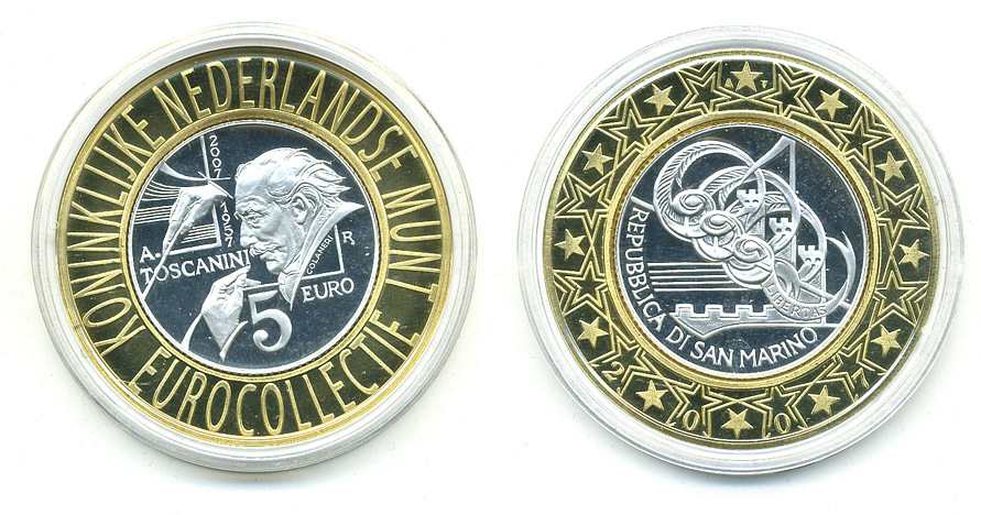 Сан-Марино 5 евро 2007 дирижер Артуро Тосканини, евроколлекция Нидерландского монетного двора KM 474 серебро PROOF 05-042-32