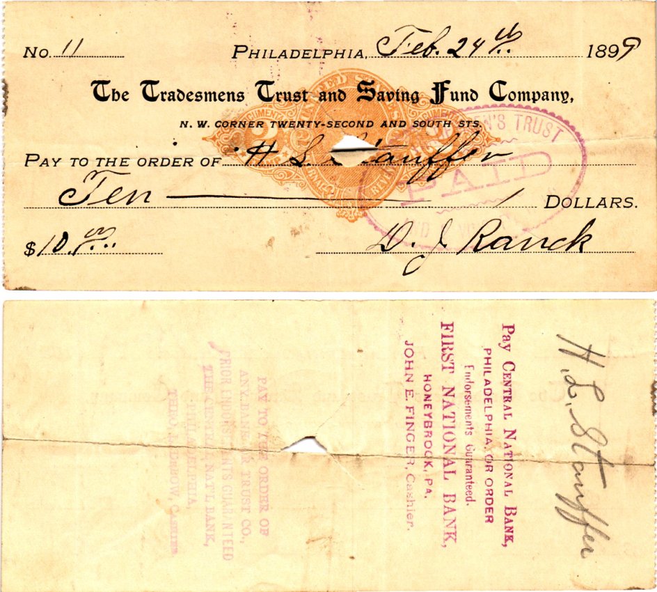 США чек на 10 долларов 1899 Филадельфия бумага 2198-3-1-2