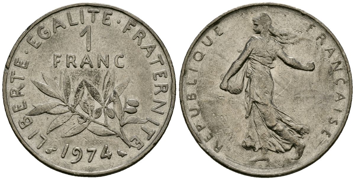 Франция 1 франк 1974 сеятель KM 925 никель 4135-836