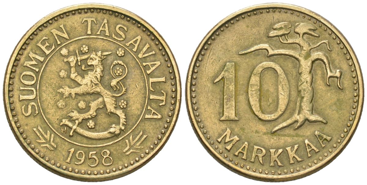 Финляндия 10 марок 1958 H KM 38 алюминиевая бронза 4169-726