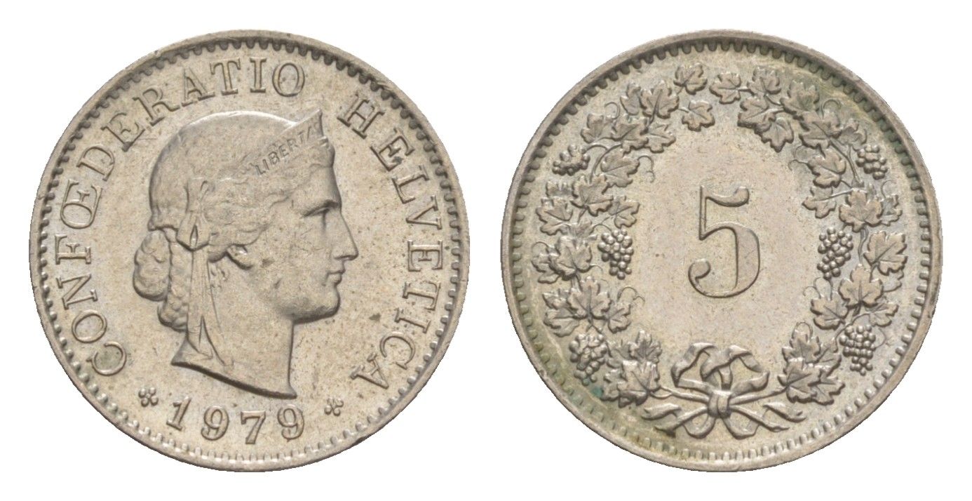 Швейцария 5 раппенов 1979 KM 26 медно-никель UNC 4611-1234