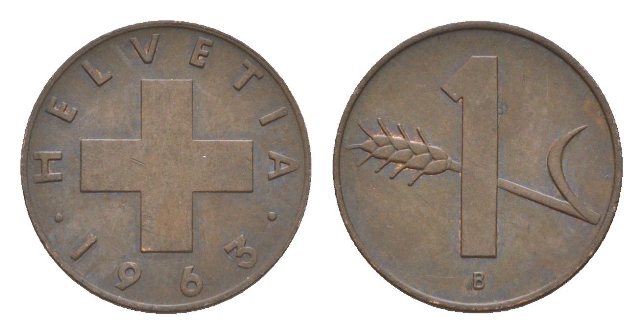 Швейцария 1 раппен 1963 B KM 46 бронза 3458-236