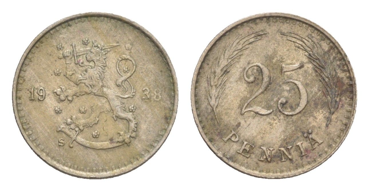 Финляндия 25 пенни 1938 KM 25 медно-никель 4647-456