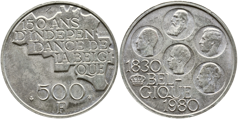 Бельгия 500 франков 1980 150 лет независимости, Belgique, Бодуэн I (1951-1993) KM 161 медно-никель покрытый серебром 37-611