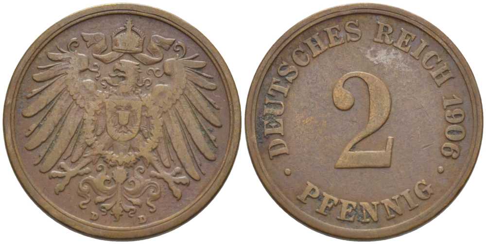 ГЕРМАНИЯ 2 ПФЕННИГА 1906 D KM 16, J. 11, Weege 4 медь 206-527