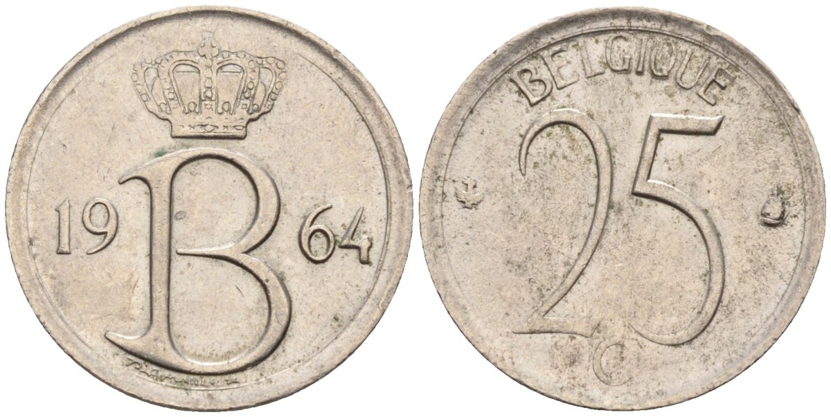 Бельгия 25 сантимов 1964 BELGIQUE KM 153 медно-никель 4585-1055