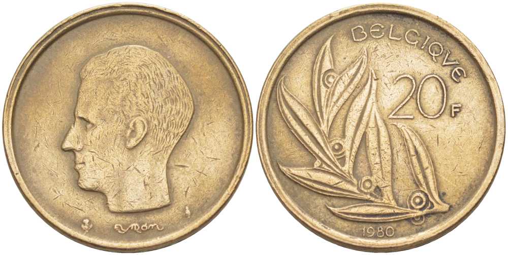 Бельгия 20 франков 1980 Belgique, Бодуэн I (1951-1993) KM 159 никель бронза 4389-632