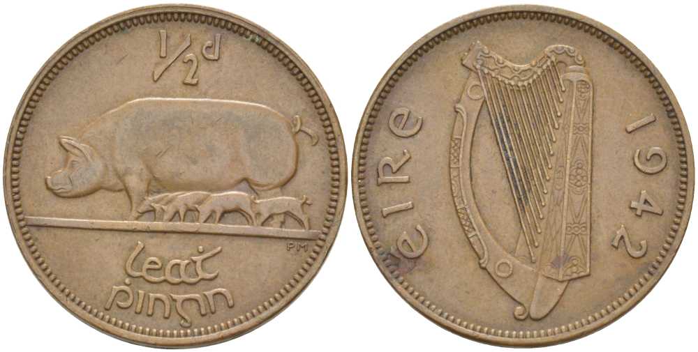 ИРЛАНДИЯ 1/2 ПЕННИ 1942 СВИНЬЯ С ПОРОСЯТАМИ KM 10 бронза 212-1012