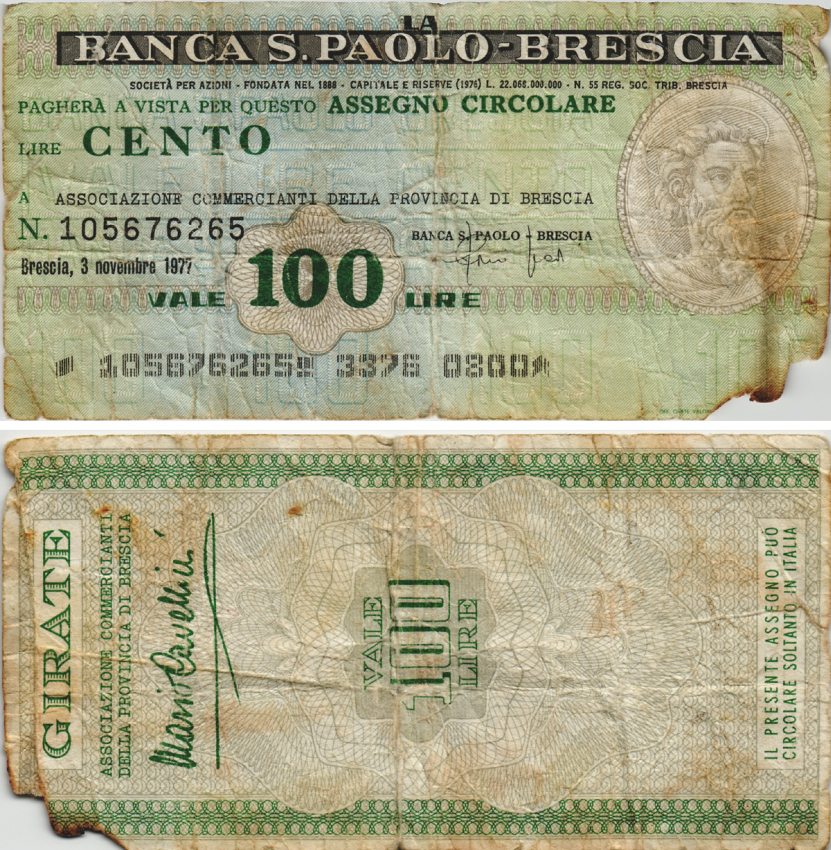 Италия 100 лир 1977 3 ноября 1977 Banco S.Paolo-Brescia бумага 8564-32-2-2