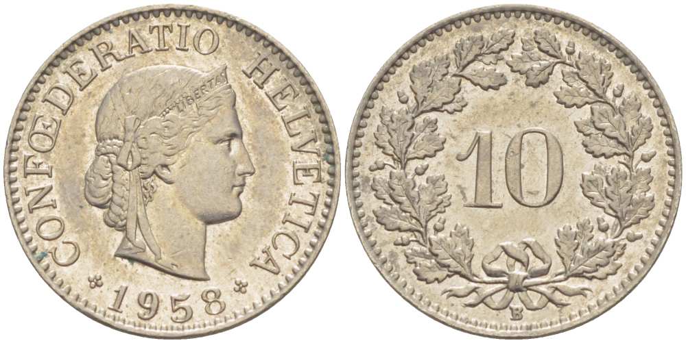 Швейцария 10 раппенов 1958 B KM 27 медно-никель     39-516