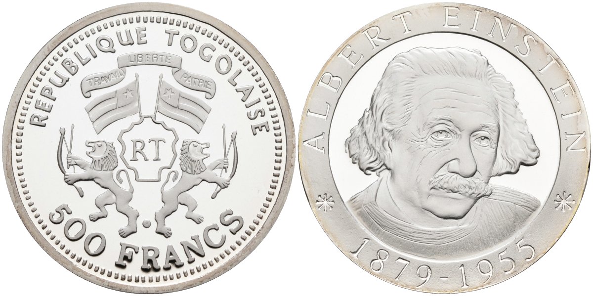 Того 500 франков 2000 Альберт Эйнштейн (1879-1955) KM 19 серебро PROOF 04-318-21