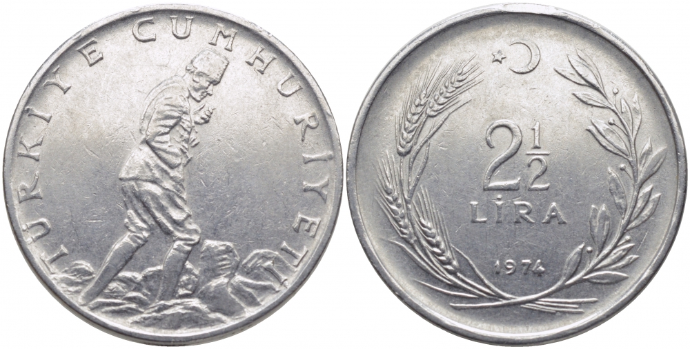 ТУРЦИЯ 2 1/2 ЛИРЫ 1974 KM 893.2 сталь 111-723