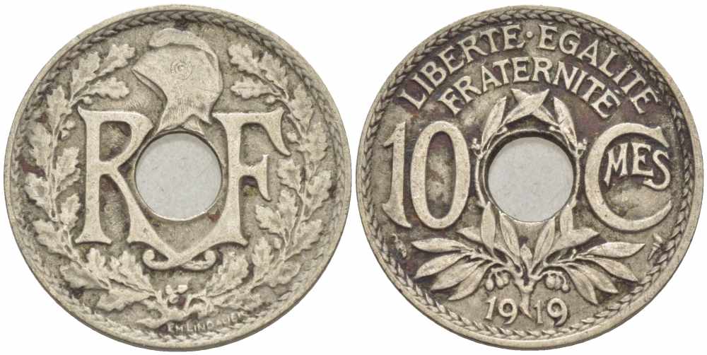 ФРАНЦИЯ 10 САНТИМОВ 1919 ТИП ЛИНДАЙЁ KM 866а, LE FRANC 138.3 медно-никель 108-125