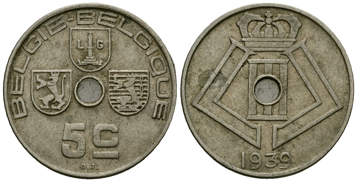 Бельгия 5 сантимов 1939 Belgie - Belgique KM 111 никель латунь 4173-627