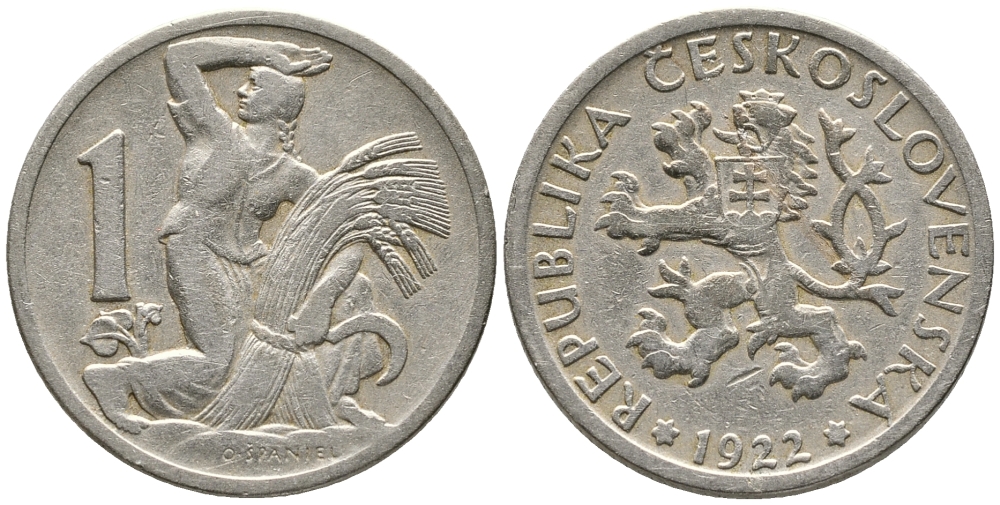 Чехословакия 1 крона 1922 женщина со снопом и серпом KM 4 медно-никель 24-1141
