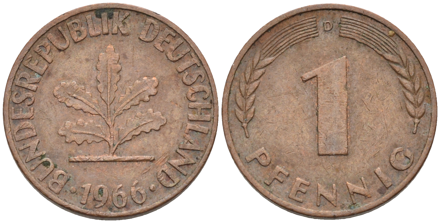ФРГ 1 пфенниг 1966 D KM 105, J. 380 сталь плакированная медью    4115-115