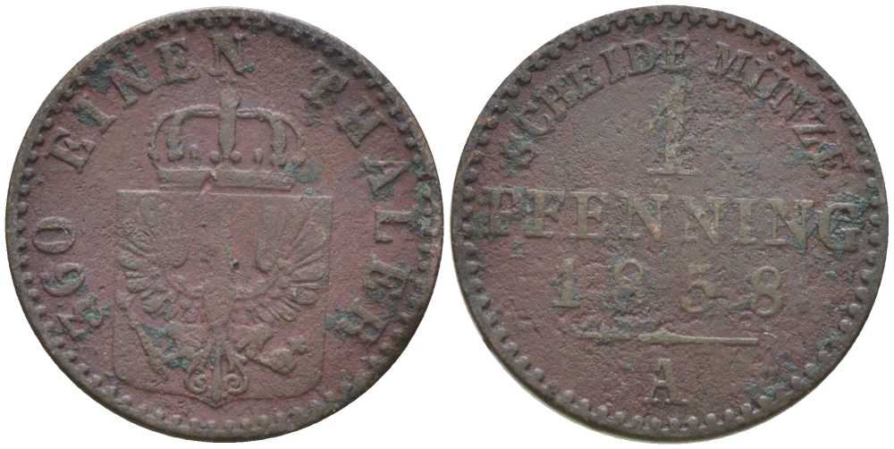 ПРУССИЯ 1 ПФЕННИГ 1858 А, ФРИДРИХ ВИЛЬГЕЛЬМ IV (1840-1861) KM 451 медь 201-538