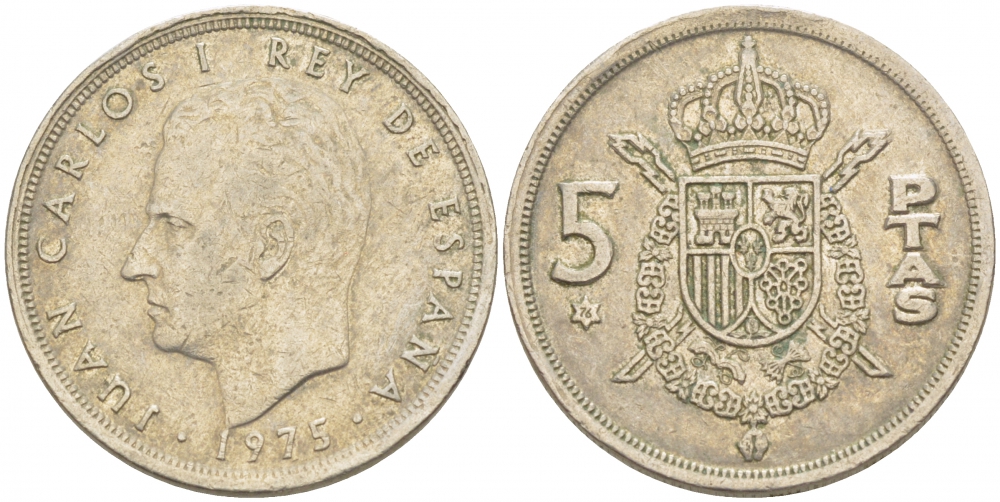 ИСПАНИЯ 5 ПЕСЕТ 1975 (76) ХУАН КАРЛОС I KM 807 медно-никель 3718-616