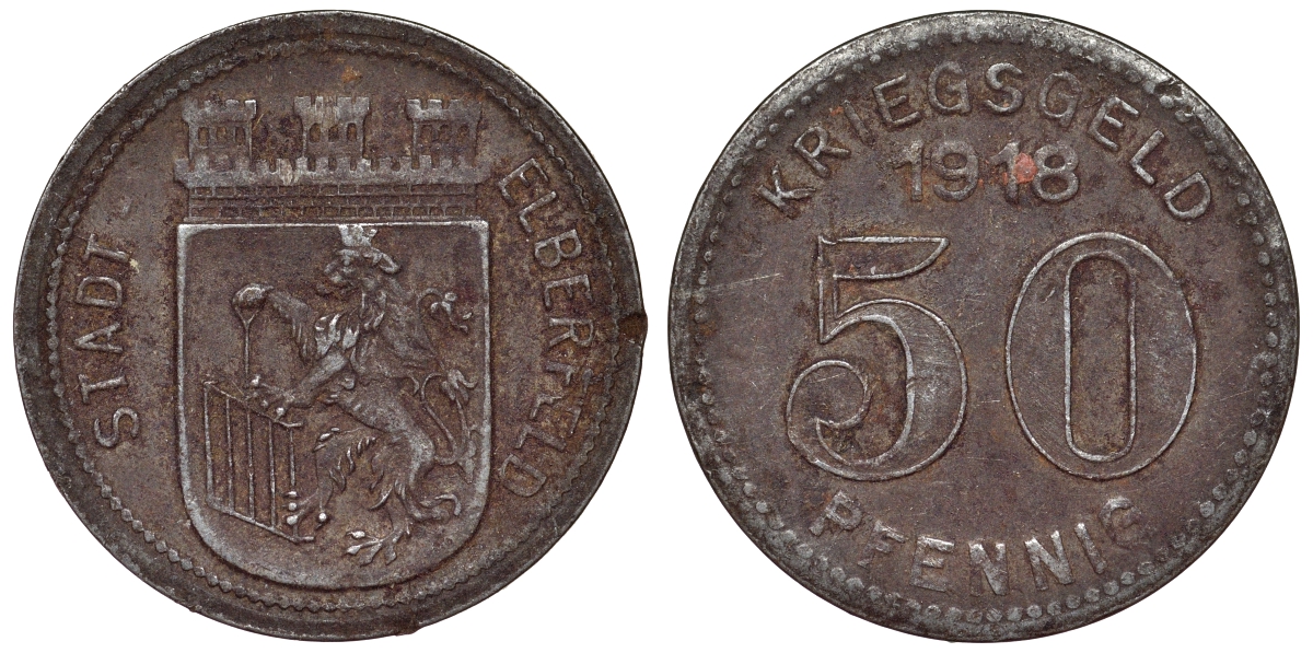 Германия, округ Эльберфельд 50 пфеннигов 1917 Вупперталь, Северный Рейн-Вестфалия, нотгельд железо 4119-1255