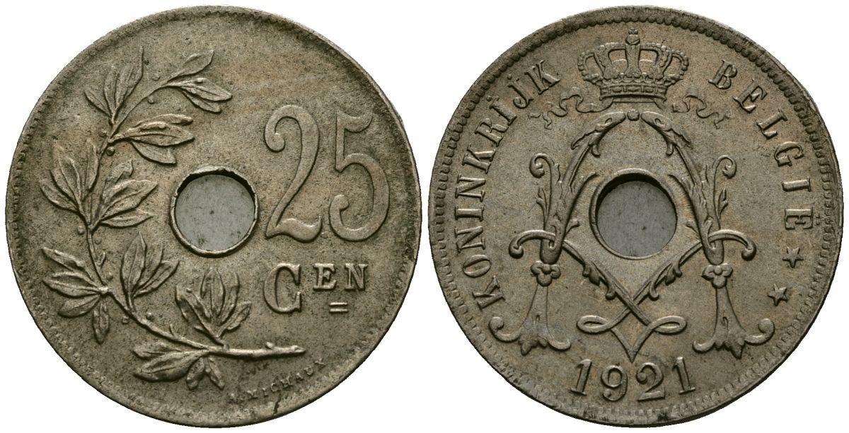 Бельгия 25 сантимов 1921 Belgie KM 69 медно-никель 4165-744